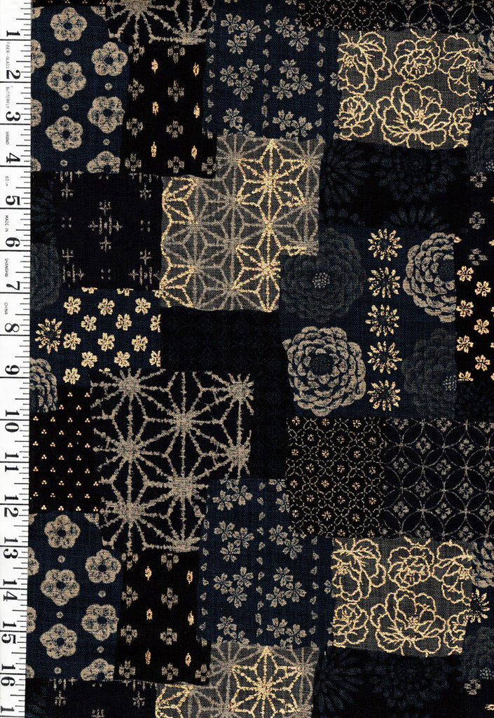 *Japanese - Sevenberry Nara Homespun - Floral Patchwork Collage with Gold Metallic - SB-88501D1-1-Dark Indigo (Almost Black) & Gray - Last 2 3/8 Yards