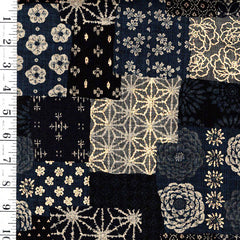 *Japanese - Sevenberry Nara Homespun - Floral Patchwork Collage with Gold Metallic - SB-88501D1-1-Dark Indigo (Almost Black) & Gray - Last 2 3/8 Yards