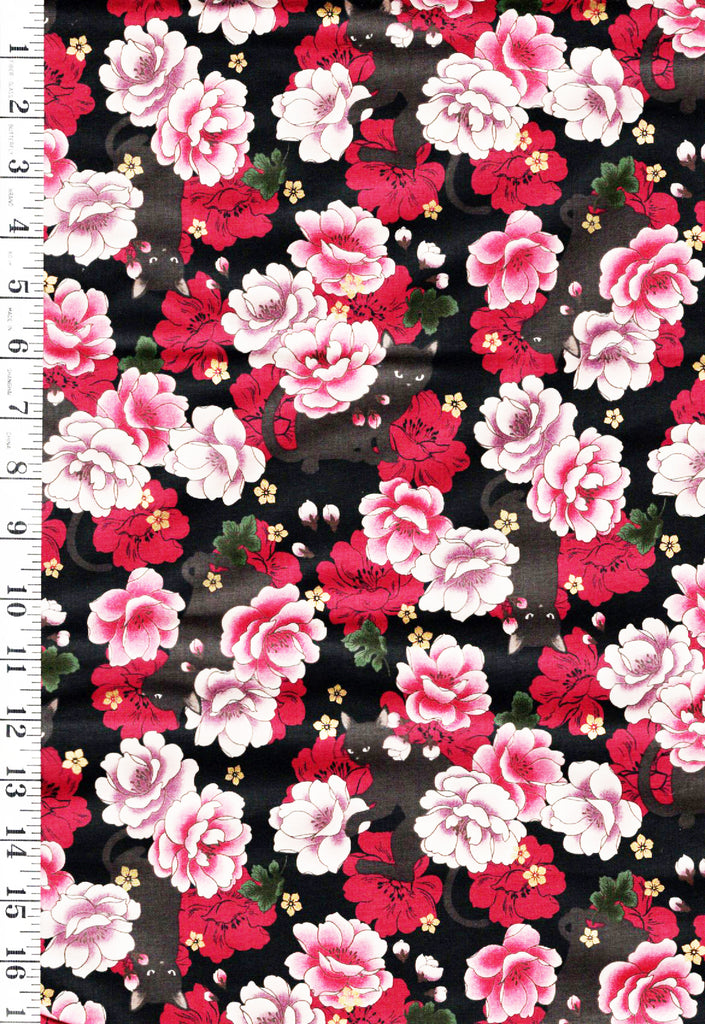 Quilt Gate - Neko Mini Cats & Peonies - HR3450-11E - BLACK - By the Half Yard