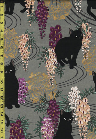 *Quilt Gate - Neko Black Cat, Wisteria & Floral Medallions - HR3410-E - Dark Gray