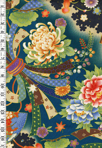 *Asian - Noshi Ribbons, Peonies, Mums & Floral Fans - Multi-Colors - 1 yard pieces