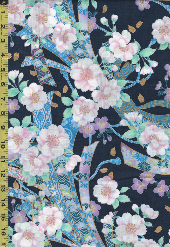 Japanese - Naka Beautiful Large Floral Noshi Ribbons & Cherry Blossoms - N-1100-1E - Navy - By the Half Yard