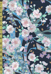 Japanese - Naka Beautiful Large Floral Noshi Ribbons & Cherry Blossoms - N-1100-1E - Navy - By the Half Yard