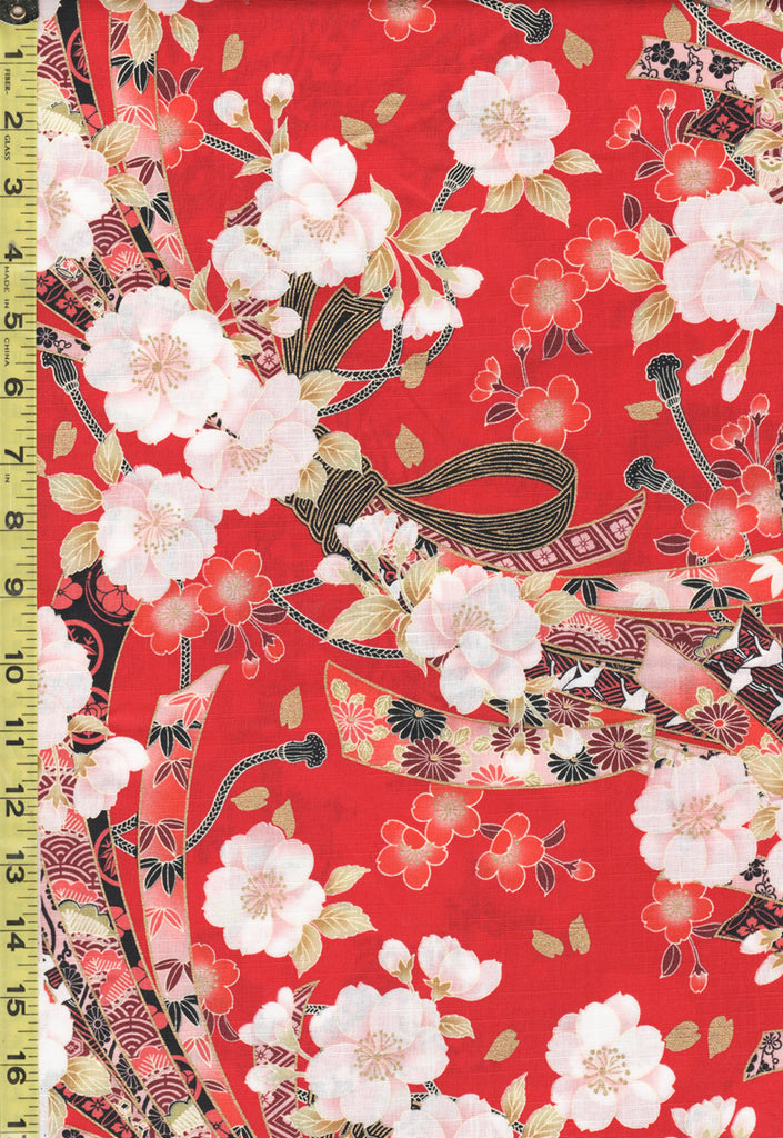 Japanese - Naka Beautiful Large Floral Noshi Ribbons & Cherry Blossoms - N-1100-1B - Red - By the Half Yard