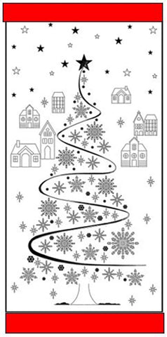 Sashiko Pre-printed Panel - HM-48 - CHRISTMAS VILLAGE with SILVER METALLIC - RED