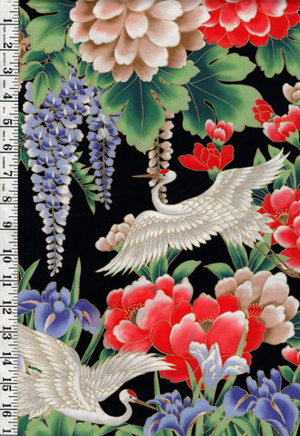 *Asian - TSURU Cranes & Floral Garden - TSUR-5257-K - Black