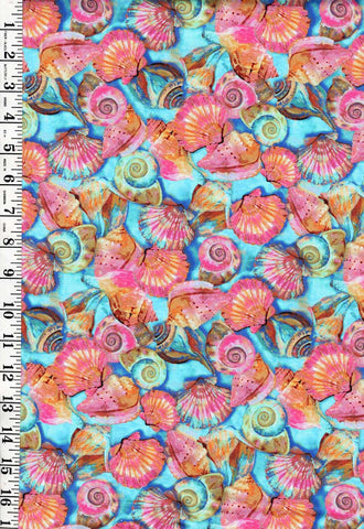 *Tropical - Fabulous Flamingos - Colorful Seashells - 120-8943 - Bright Aqua & Blue - ON SALE - $5.00 By the Yard