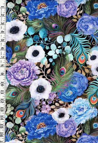 *Asian - Peacock Feathers & Peonies - CD2582 - Multi-Colors - By the Half Yard