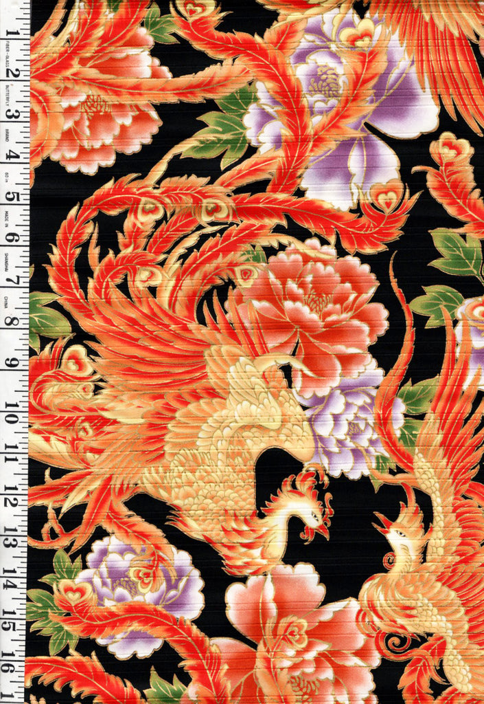 *Japanese - Cosmo Phoenix & Colorful Peonies - AP52902-1E - Black - By the Half Yard