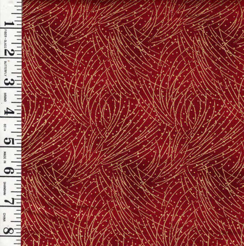 *Asian - Golden Pine Boughs & Pin Dots - 4745M - Dark Red - By the Half Yard
