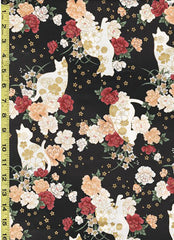 Quilt Gate - Cats, Peonies & Small Floating Blossoms - HR3430-11F - Black - By the Half Yard