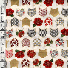 *Quilt Gate - Decorative Cat Faces & Camelias - HR3480-11A - Ivory - By the Half Yard