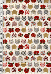 *Quilt Gate - Decorative Cat Faces & Camelias - HR3480-11A - Ivory - By the Half Yard