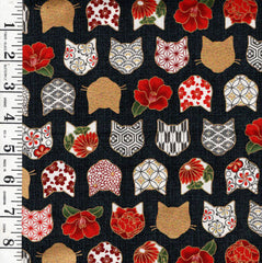 *Quilt Gate - Decorative Cat Faces & Camelias - HR3480-11G - Black - By the Half Yard