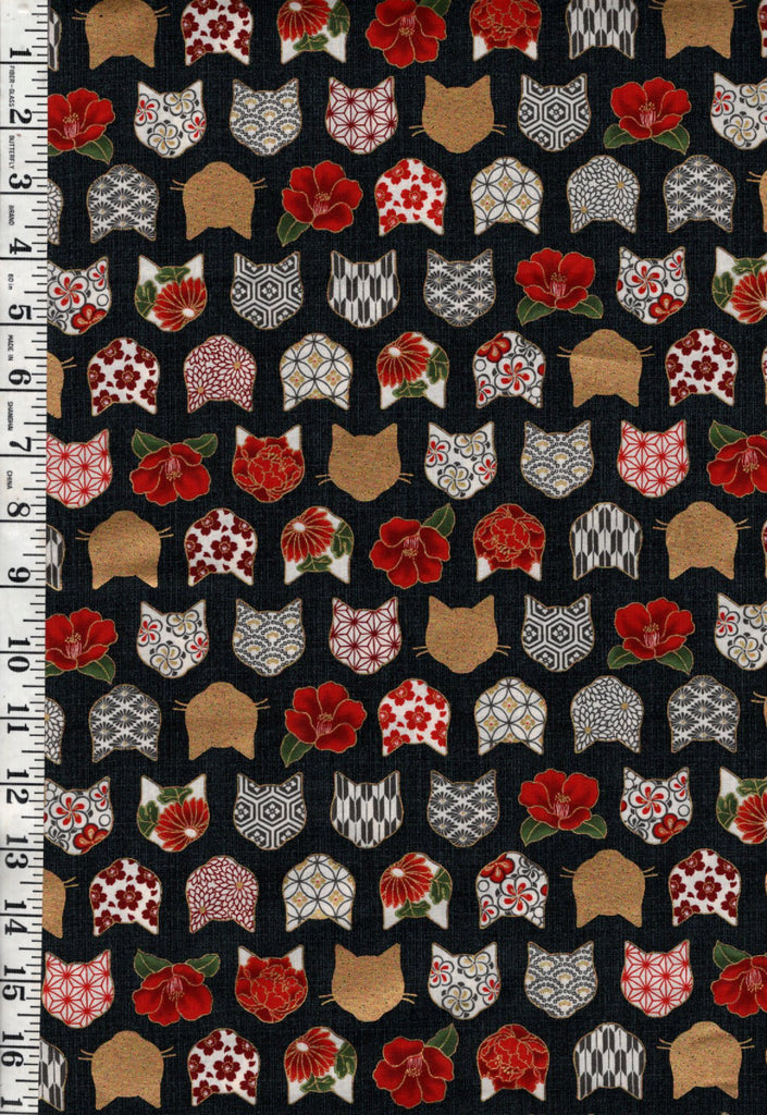 *Quilt Gate - Decorative Cat Faces & Camelias - HR3480-11G - Black - By the Half Yard