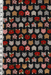 *Quilt Gate - Decorative Cat Faces & Camelias - HR3480-11G - Black - By the Half Yard