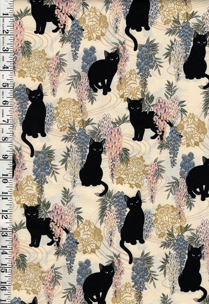Quilt Gate - Neko Mini Cats & Wisteria - HR3450-12A - CREAM - By the Half Yard