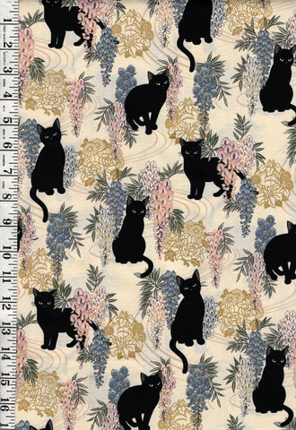 Quilt Gate - Neko Mini Cats & Wisteria - HR3450-12A - CREAM - Last 3/4 Yard