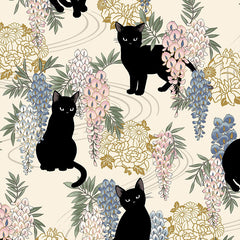 Quilt Gate - Neko Mini Cats & Wisteria - HR3450-12A - CREAM - By the Half Yard