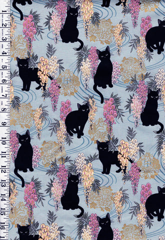 *Quilt Gate - Neko Mini Cats & Wisteria - HR3450-12C - BLUE 2/3 Yard Piece
