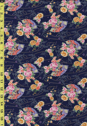 Japanese - Sevenberry Kiku Floral Fans - SB-850398D1-3 - NAVY - ON SALE - Last 2/3 Yard