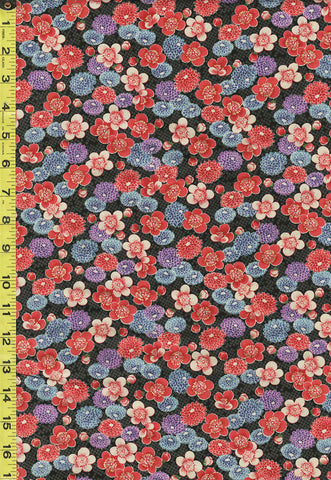 Japanese - Sevenberry Kiku (Chrysanthemums) & Cherry Blossoms - SB-850399D1-1 - BLACK - ON SALE - Last 7/8 Yard
