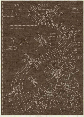 Sashiko Pre-printed Small Panel - QH Textiles - HFNP22BR-02B - Yarn Dyed Nep Fabric - Twilight Dragonfly - Brown