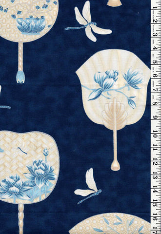 Asian - Leesa Chandler - Summer Palace - Asian Fans & Dragonflies - Navy - Last 1 yard