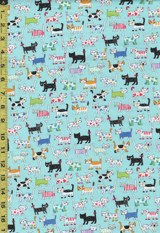 SALE - Japanese Novelty - Senyo - Small Colorful Decorated Cats - SK-8100-2D-Aqua - 20% OFF - Last 1 1/2 yards