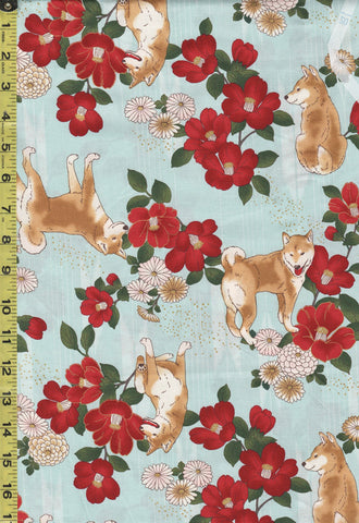 Quilt Gate - Shiba Inu & Camellias - HR3430-12C - Light Aqua - Last 2 7/8 yards