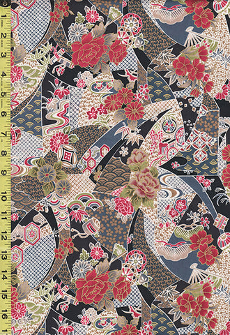 *Japanese - Compact Japanese Floral Collage with Japanese Motifs - TAK TM-7701-A - Black