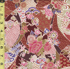 *Japanese - Compact Japanese Floral Collage with Japanese Motifs - TAK TM-7701-B - Maroon