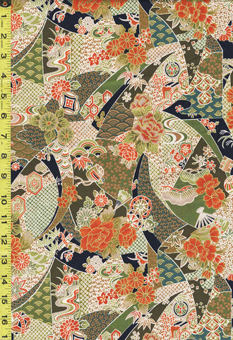 *Japanese - Compact Japanese Floral Collage with Japanese Motifs - TAK TM-7701-E - Olive Green