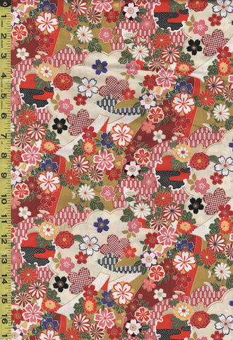 *Japanese - Small Floating Blossoms, Daisies & Mums - TAK TM-2401-A - Light Beige & Green