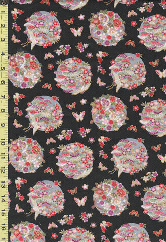*Japanese - Floating Floral Balls with Butterflies, Blossoms, Pines & Cranes - TAK TM-7702-A - Black