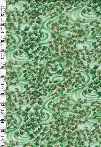 *Asian - TSURU Ginkgo, Maple Leaves & River Swirls - TSUR-5260-G - Green - Last 2 1/2 Yards
