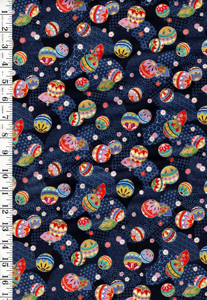 Japanese - Yamaoka Colorful Temari Balls & Fans - Y-1500-183A - Multi-Colors - By the Half Yard