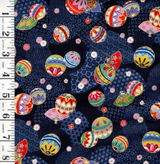Japanese - Yamaoka Colorful Temari Balls & Fans - Y-1500-183A - Multi-Colors - By the Half Yard