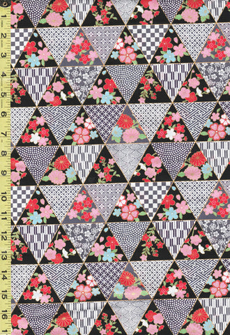 *Japanese - Triangles with Japanese Motifs & Cherry Blossoms - TM-2870-A - Multi - Last 1 1/8 Yards