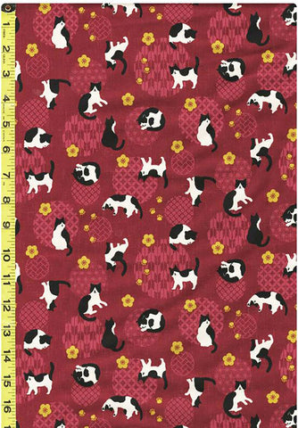 Japanese Novelty - Cosmo Small Tuxedo Cats, Plum Blossoms & Japanese Motif Balls - AP32905-2C - Raspberry - Last 2 1/8 Yards