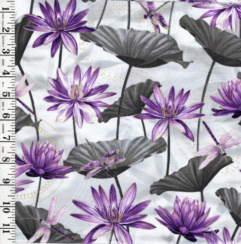 Asian - Dragonflies & Water Lilies - Dragonfly Pool CM8499 - Soft Silver Gray - Last 1/2 yard