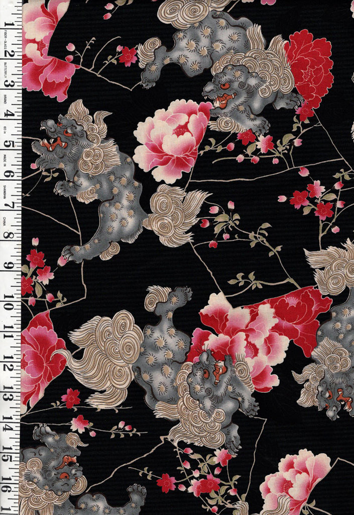 *Japanese - KOKKA - Foo Dogs & Peonies - YGA-61050-1D40 - Black