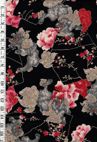 *Japanese - KOKKA - Foo Dogs & Peonies - YGA-61050-1D40 - Black