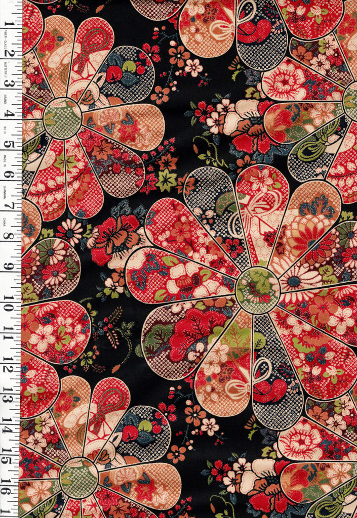 *Japanese - Yuwa-Vintage Look Stylized Daisies- N-1071-A-Black - By Half Yard
