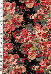 *Japanese - Yuwa-Vintage Look Stylized Daisies- N-1071-A-Black - By Half Yard