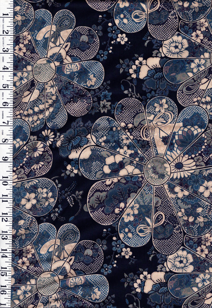 *Japanese - Yuwa-Vintage Look Stylized Daisies- N-1071-F-Indigo - By Half Yard
