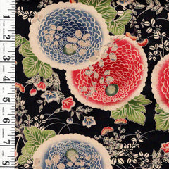 *Japanese - Yuwa - Colorful Mums & Floral Branches - N-1074-A - Black - By the Half Yard