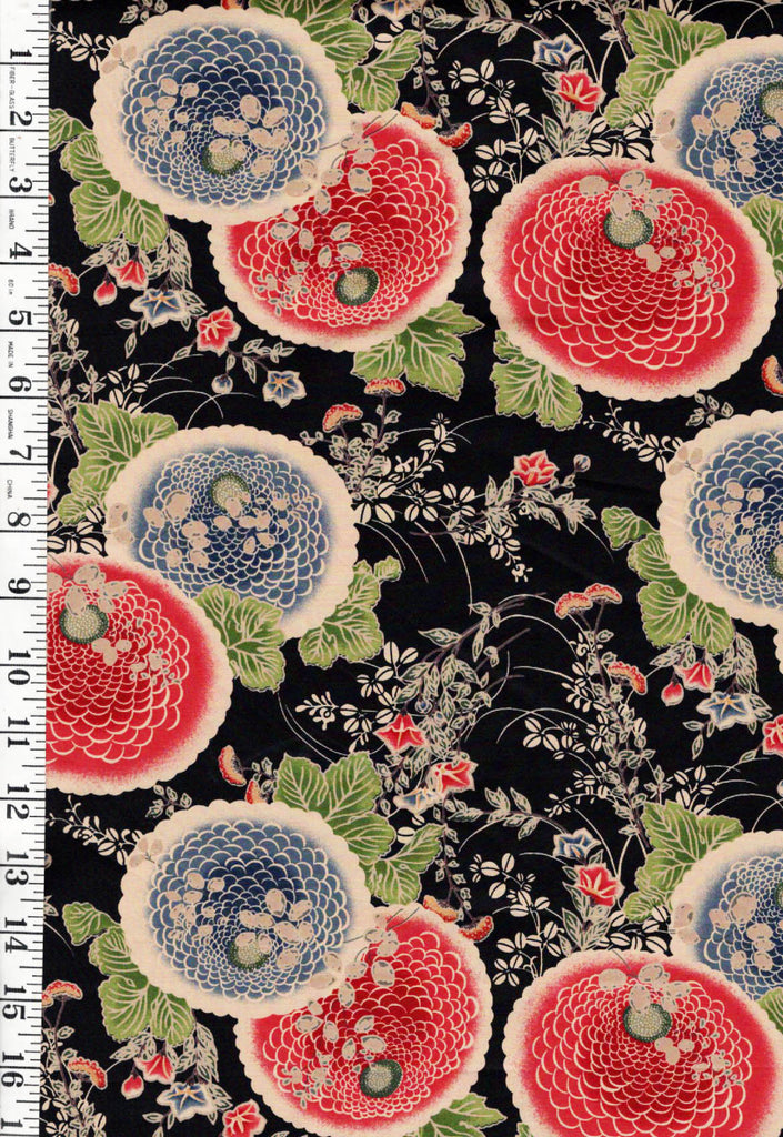 *Japanese - Yuwa - Colorful Mums & Floral Branches - N-1074-A - Black - By the Half Yard
