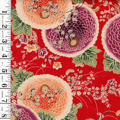 *Japanese - Yuwa - Colorful Mums & Floral Branches - N-1074-B - Red - By the Half Yard