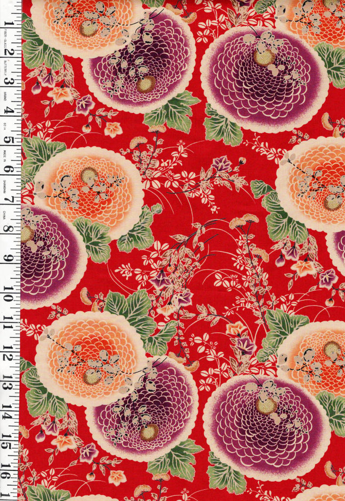 *Japanese - Yuwa - Colorful Mums & Floral Branches - N-1074-B - Red - By the Half Yard